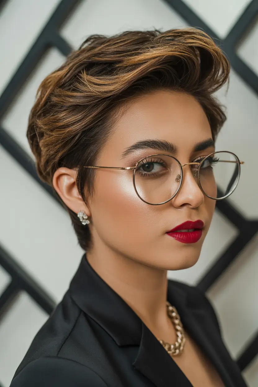 spring short haircut Voluminous Swept-Back Pixie With Honey Highlights And Power Dressing