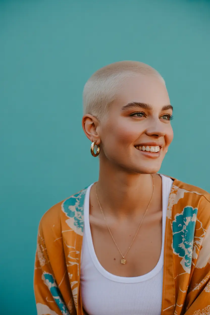 spring short haircut Bleached Buzz Cut With Sunshine Energy And Bare-Faced Glow