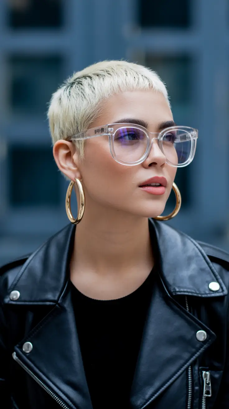 spring short haircut Bleached Micro Crop With Clear Glasses And City Cool
