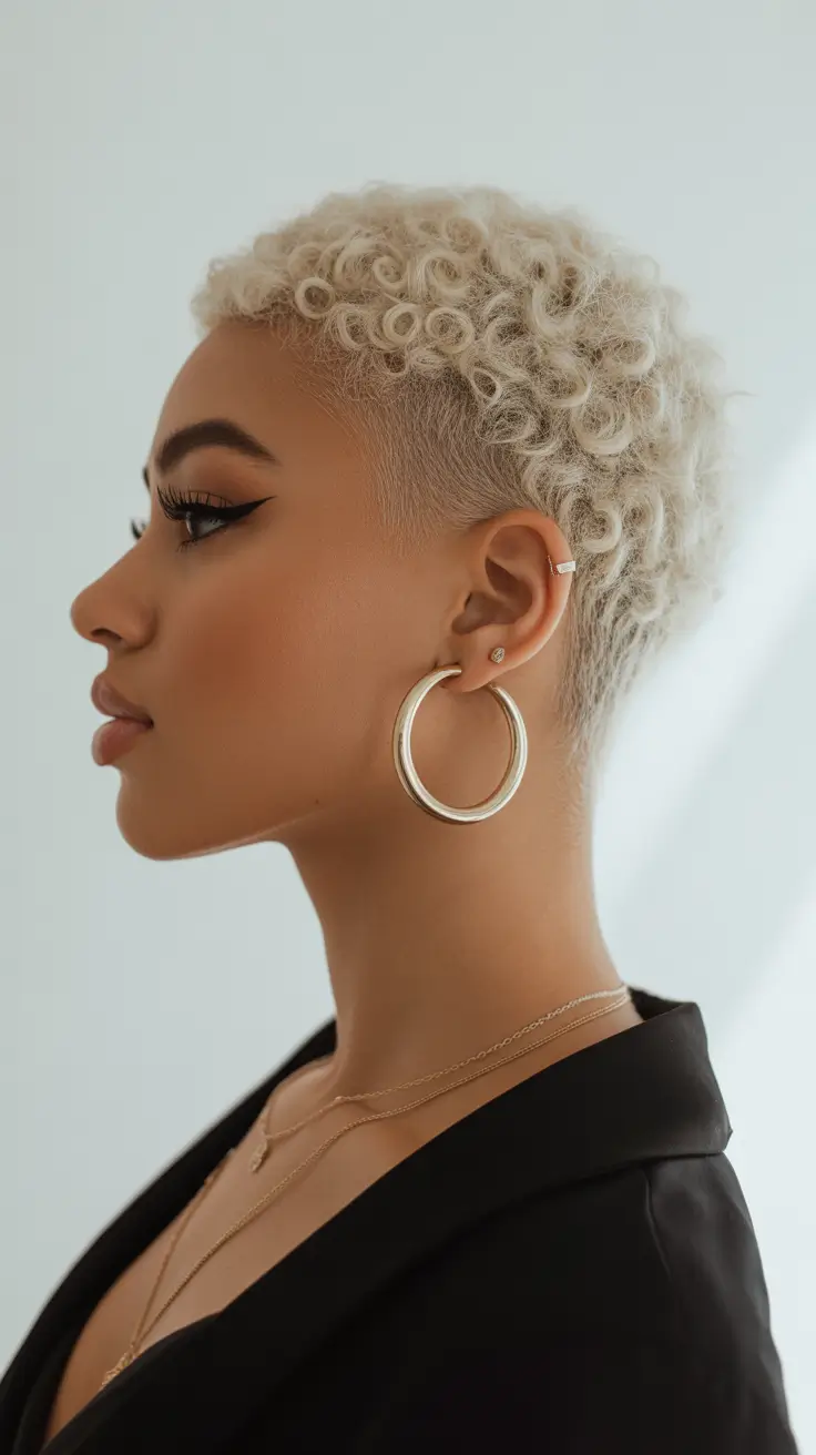 spring hair color for brown skin Icy Platinum Buzz Cut With Soft Curls