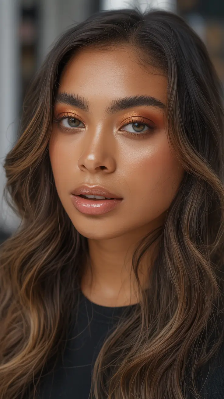 spring hair color for brown skin Warm Mocha Brown With Subtle Golden Ribbons