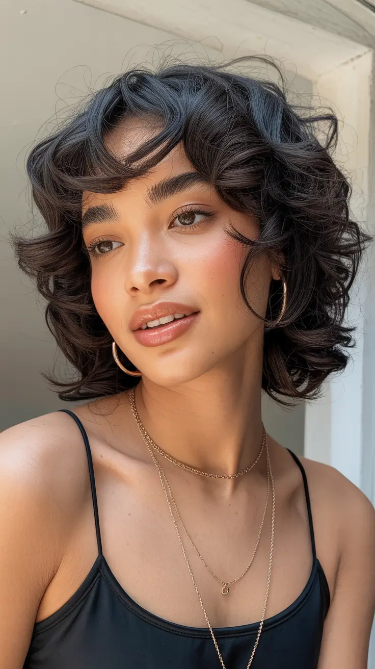 spring hair color for brown skin Inky Black Curly Bob With Glossy Definition