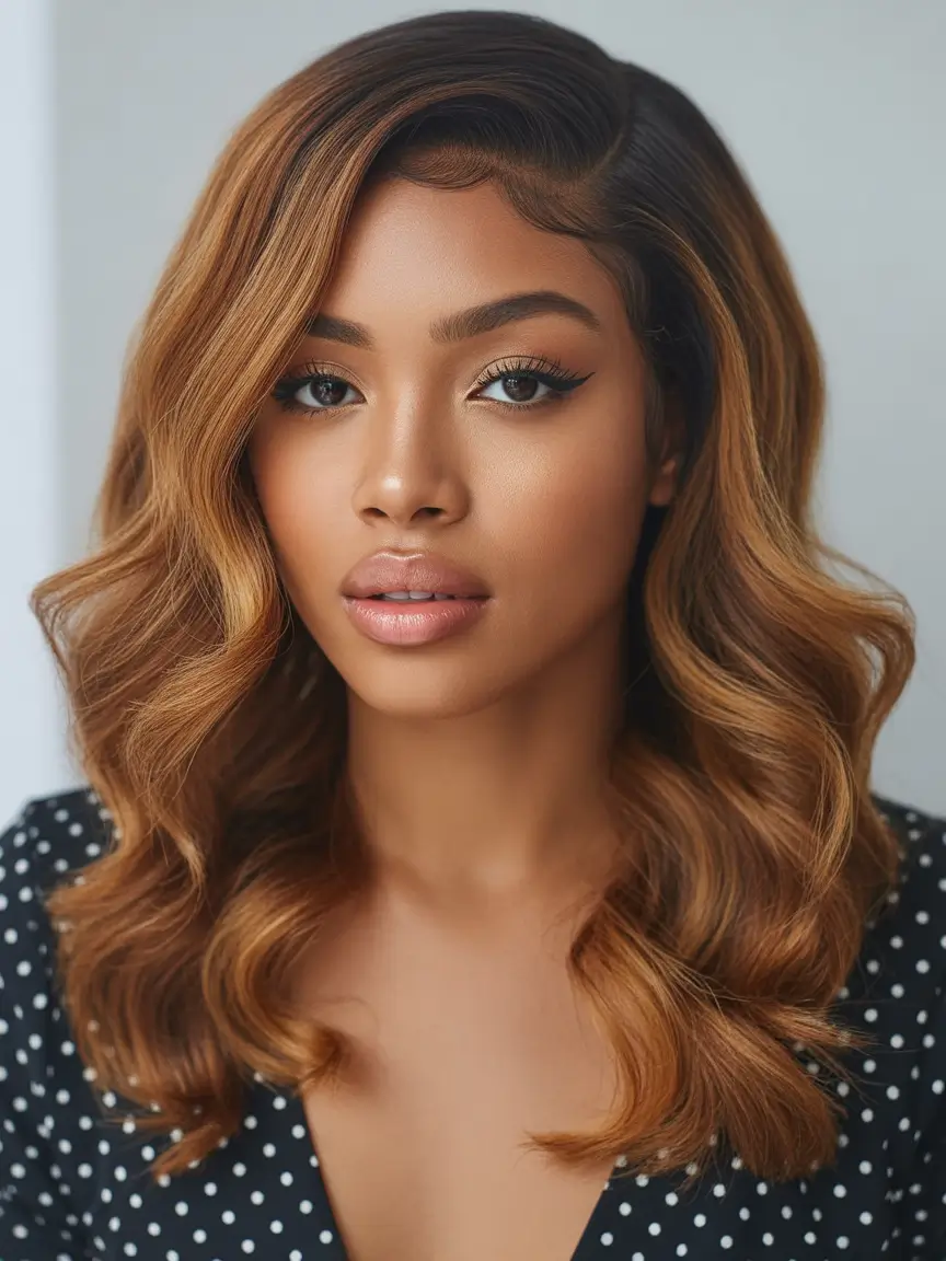 spring hair color for brown skin Golden Caramel Waves With Side Part Elegance