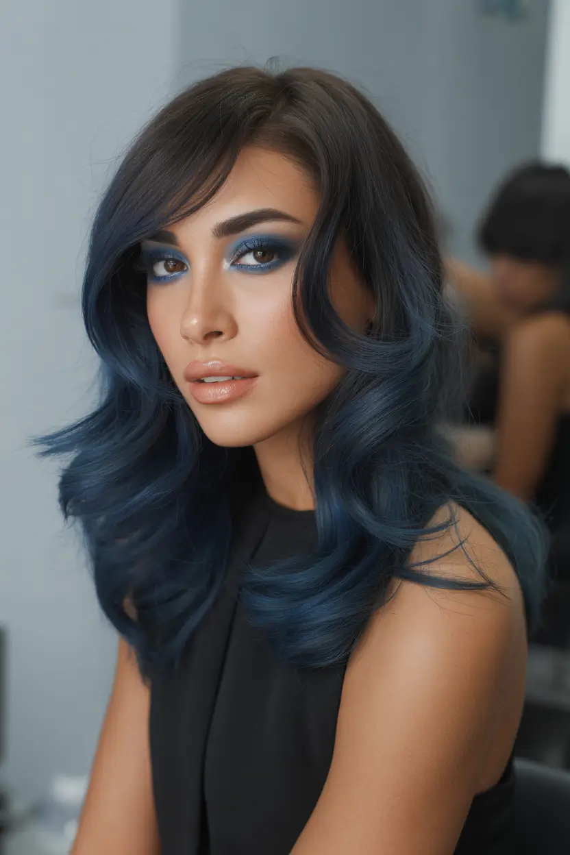 spring hair color for brown skin Deep Navy Blue Glam Waves With Cool Drama