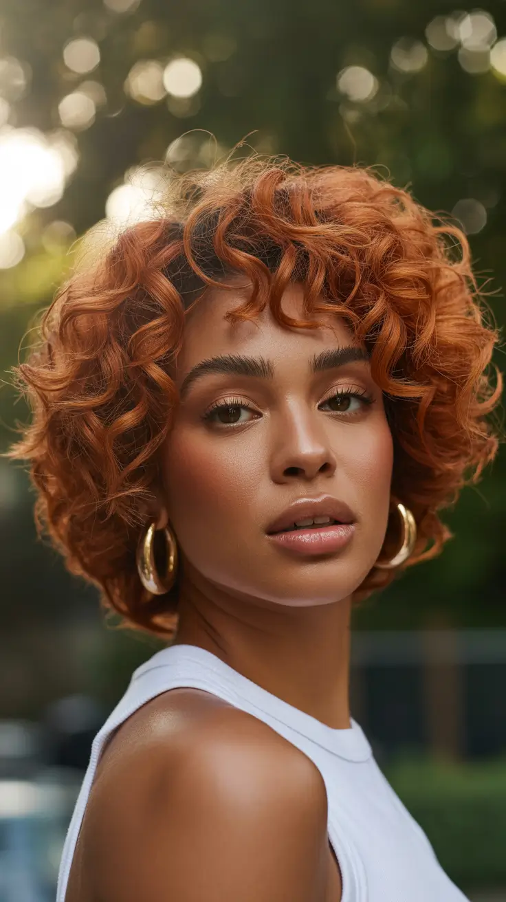 spring hair color for brown skin Sunset Copper Curls With Golden Warmth