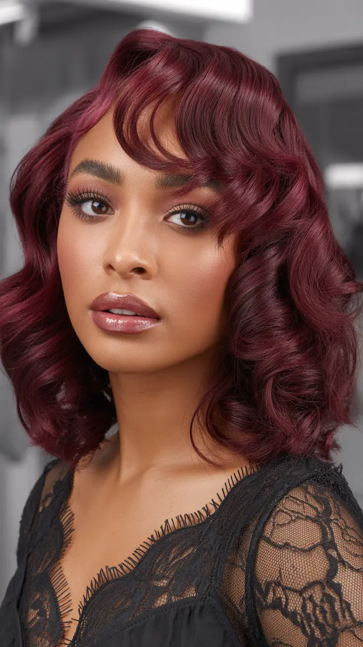 spring hair color for brown skin Merlot Red Waves With Vintage Lace Energy