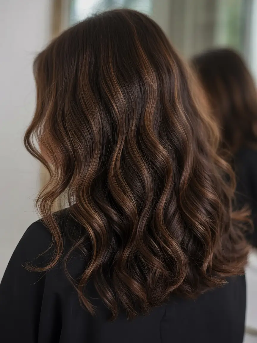 spring hair color for brown skin Chocolate Brunette Waves With Soft Caramel Dimension