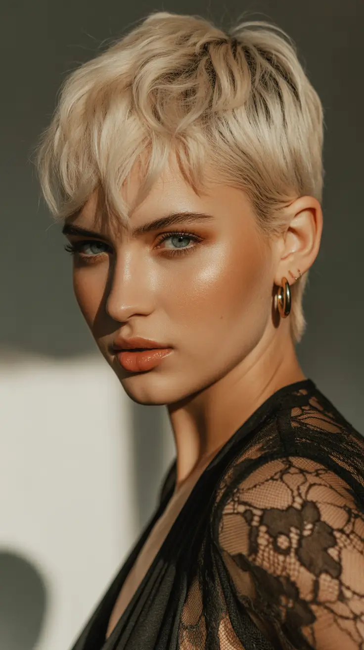 spring hair color for brown skin Champagne Blonde Pixie With Side-Swept Volume