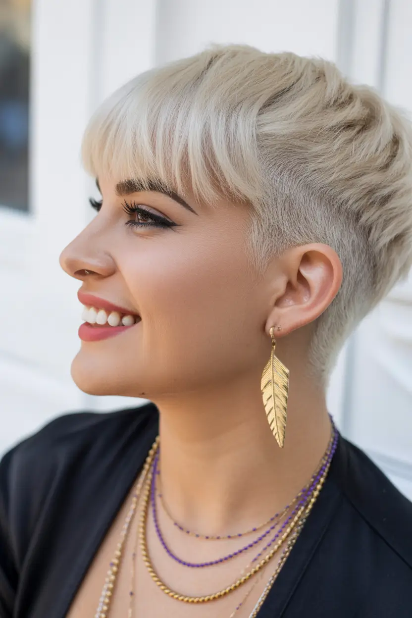 spring hair color for brown skin Soft Platinum Pixie With Tapered Sides