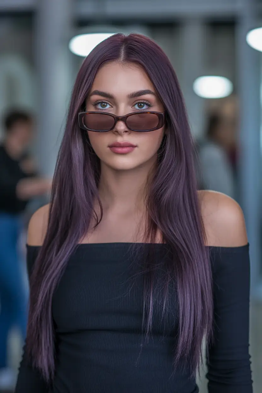 spring hair color for brown skin Deep Violet Straight Length With Center Part Coolness