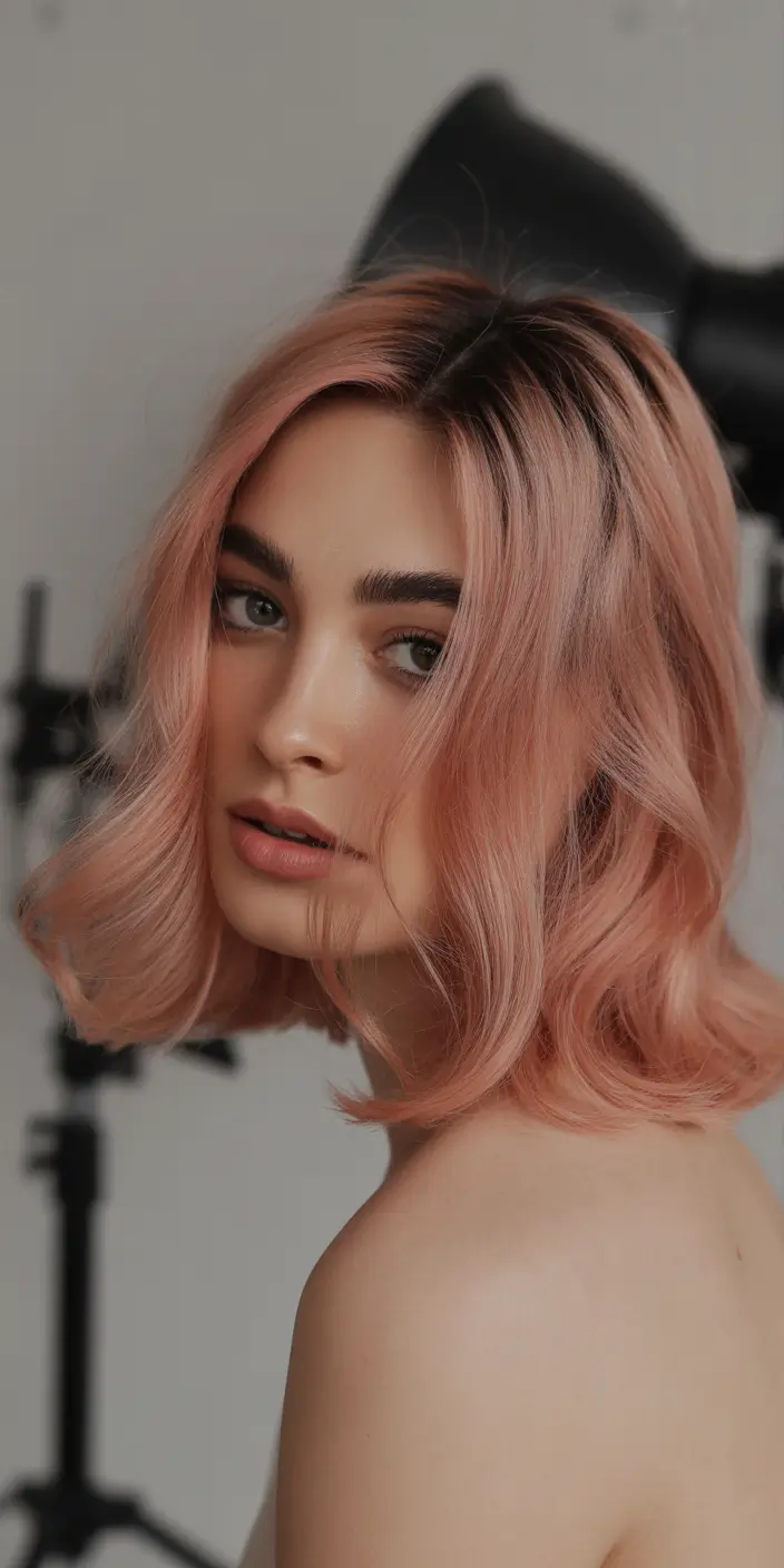 spring hair color for brown skin Peach Rose Blunt Bob With Soft Matte Finish