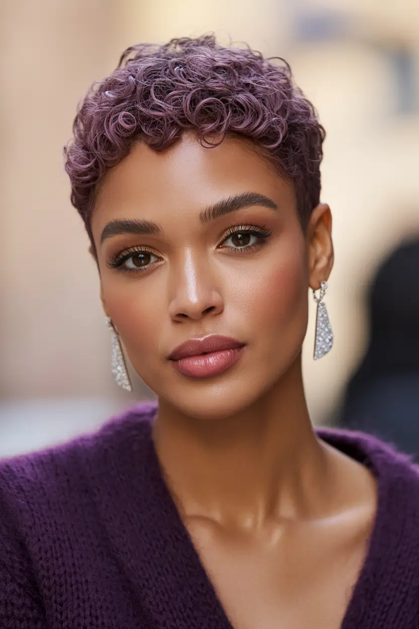 spring hair color for brown skin Plum-Tinted Curly Crop That Looks Like Velvet