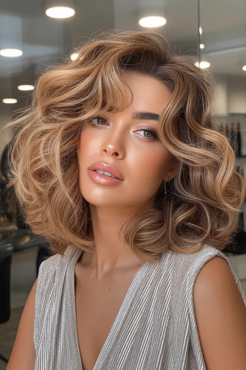 spring hair color for brown skin Honey Beige Balayage Bob With Soft Glam Waves