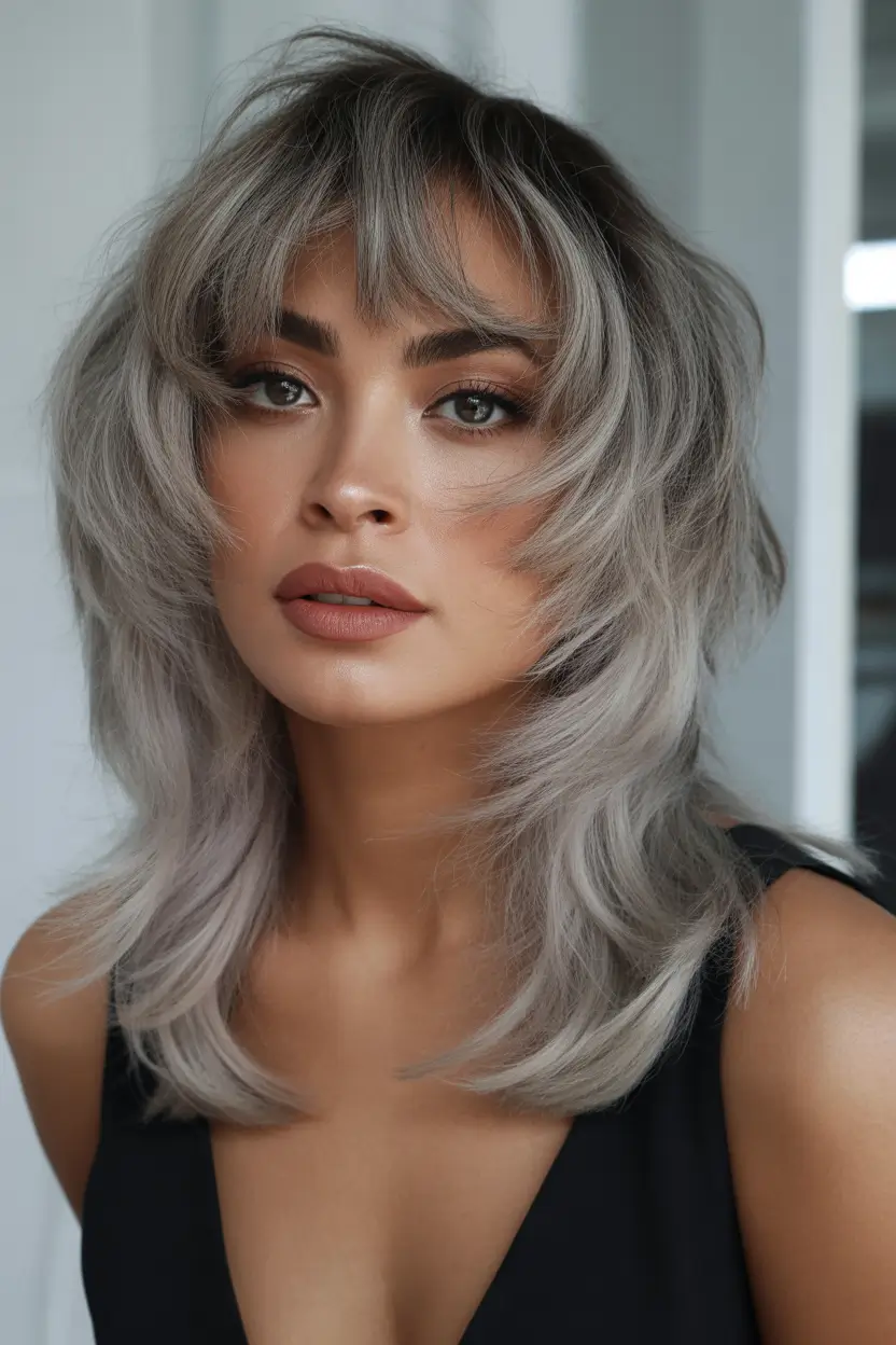 spring hair color for brown skin Smoky Silver Shag With Soft Curtain Fringe