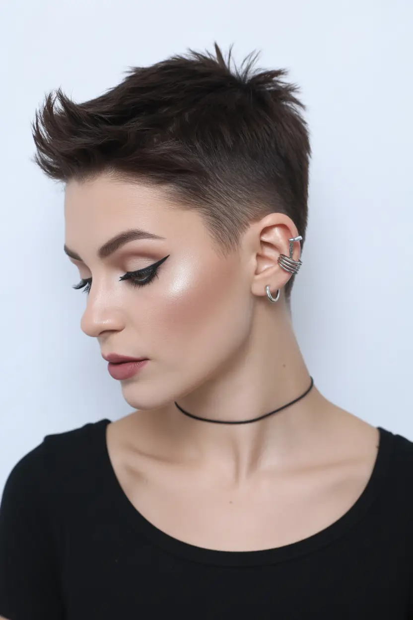 spring short Hairstyles Textured Brunette Micro Pixie With Clean Fade