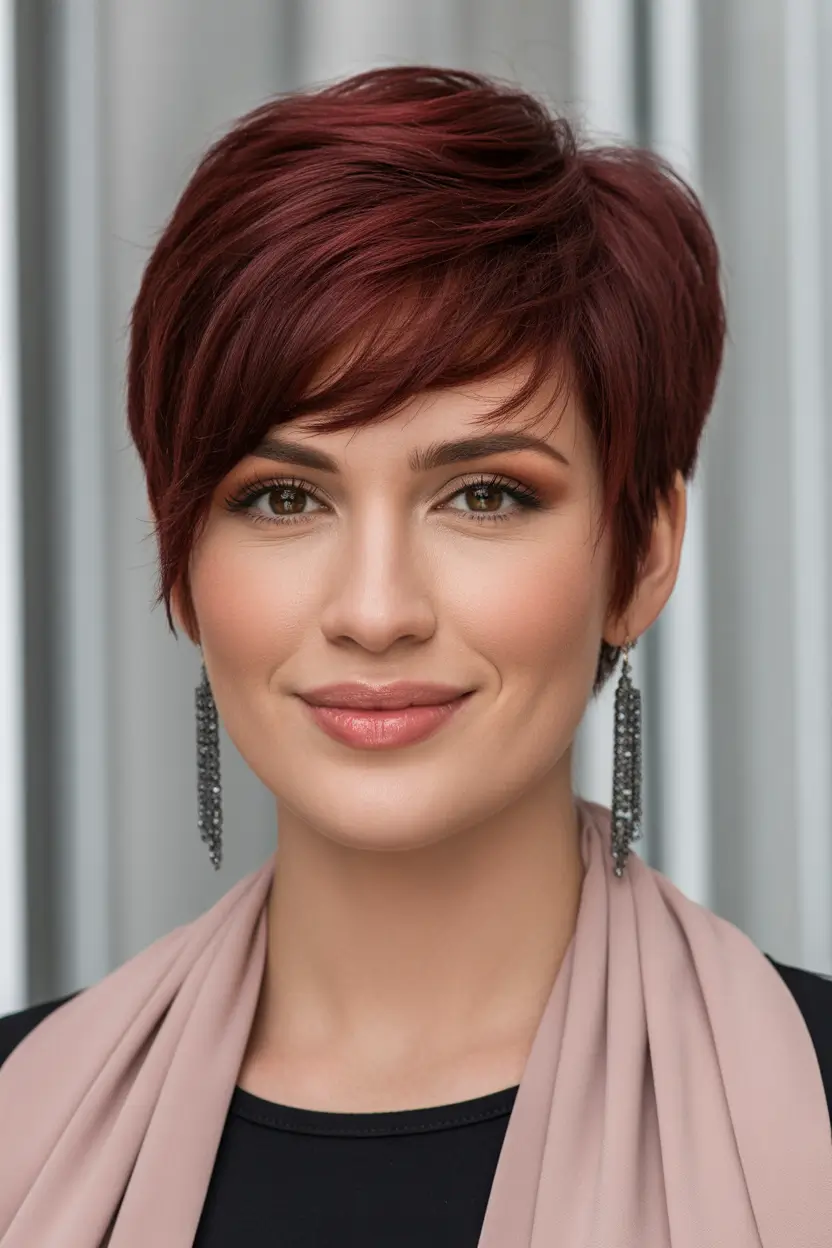 spring short Hairstyles Cherry Cola Side-Swept Pixie With Soft Glam Finish