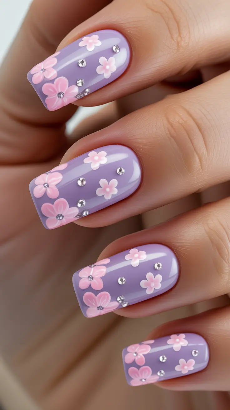 spring break nails Lavender Floral Crystal Nails for Romantic Evening Glow
