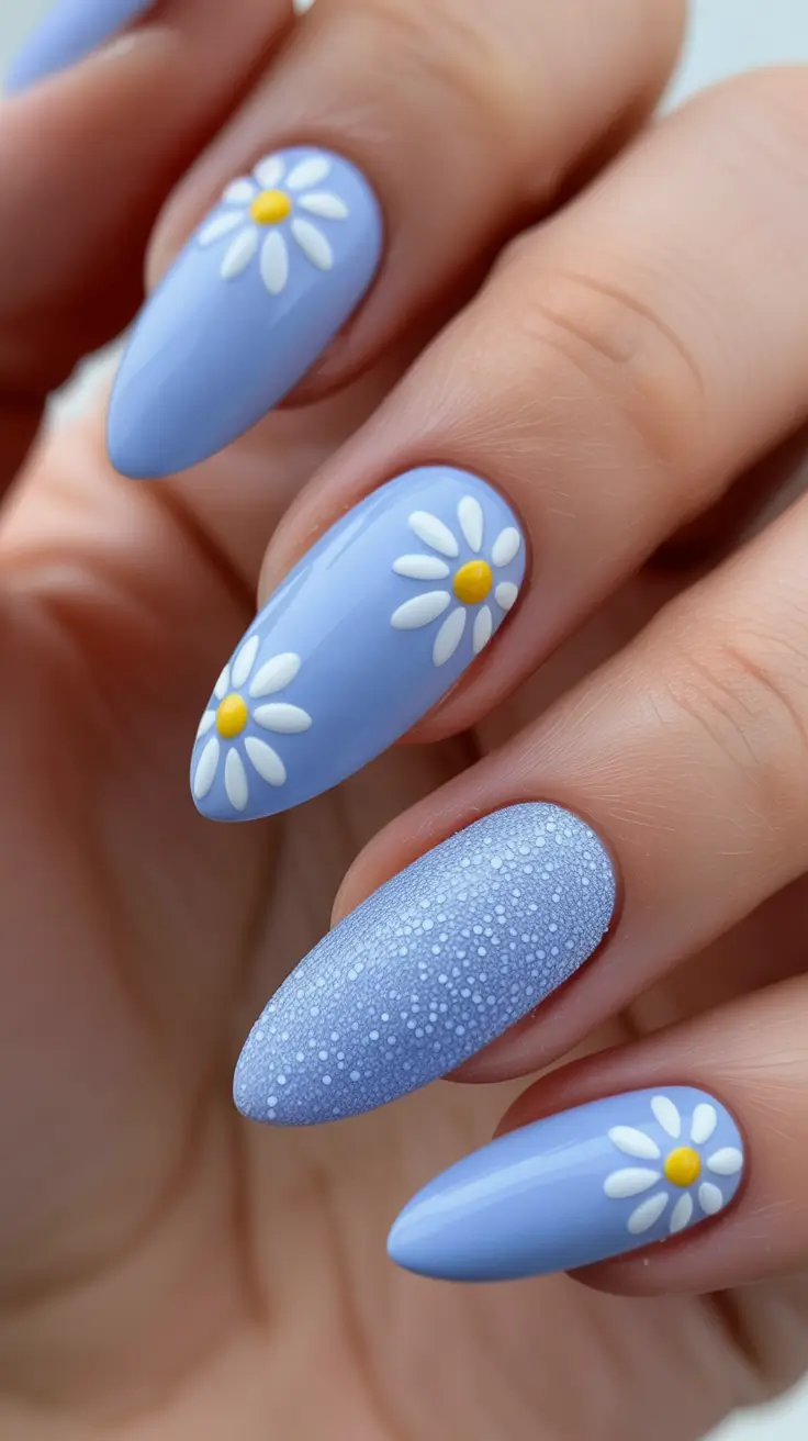 spring break nails Powder Blue Daisy Almond Nails With Textured Accent