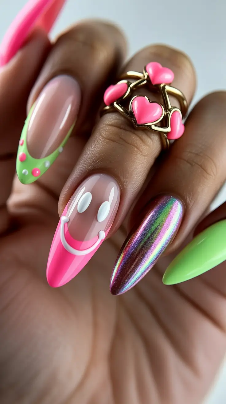 spring break nails Playful Mixed Art Nails With Chrome And Neon Details