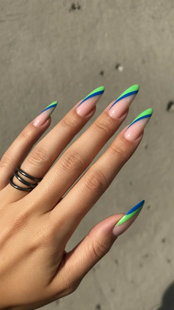 spring break nails Diagonal Blue And Lime French Tips With Sporty Energy
