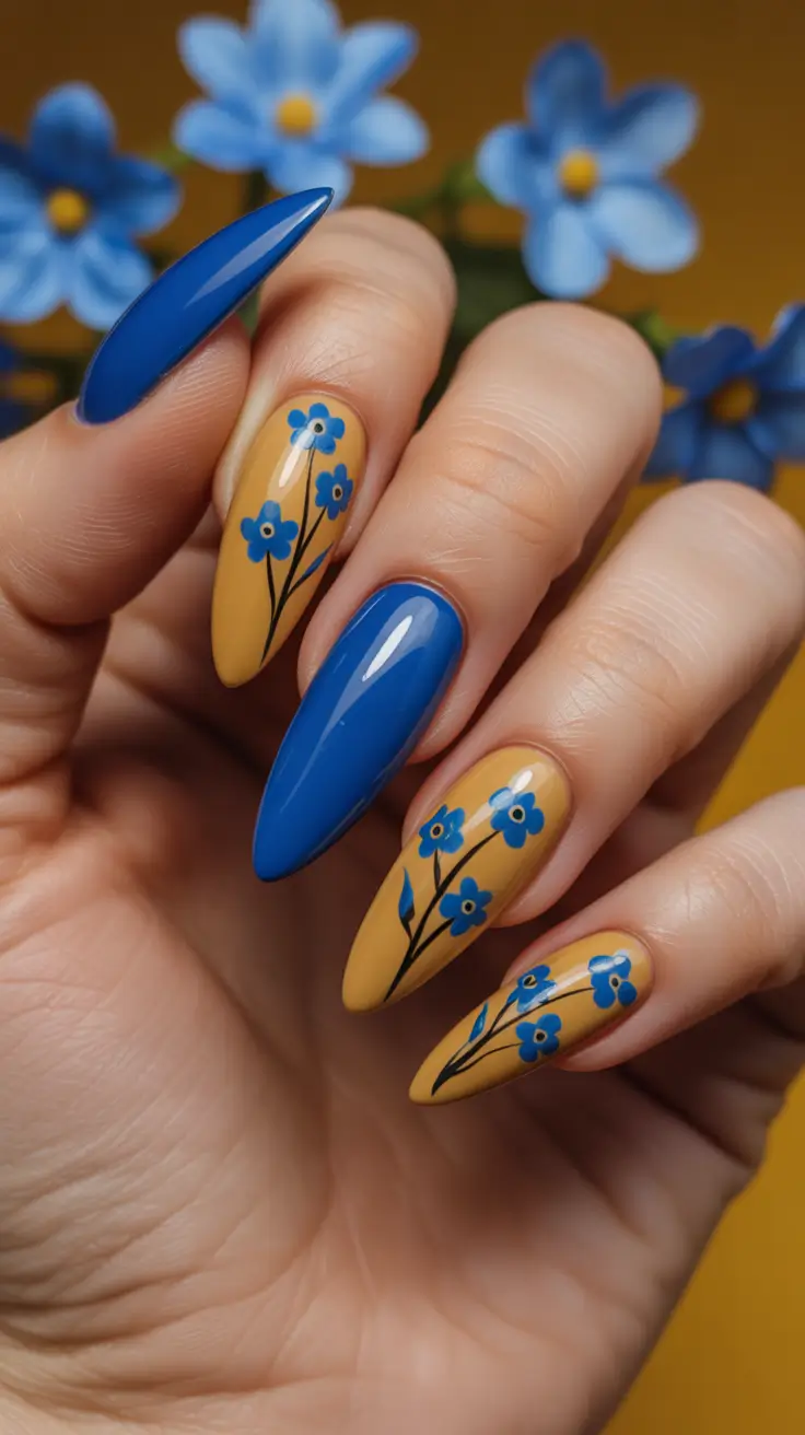 spring break nails Blue And Mustard Floral Contrast Nails