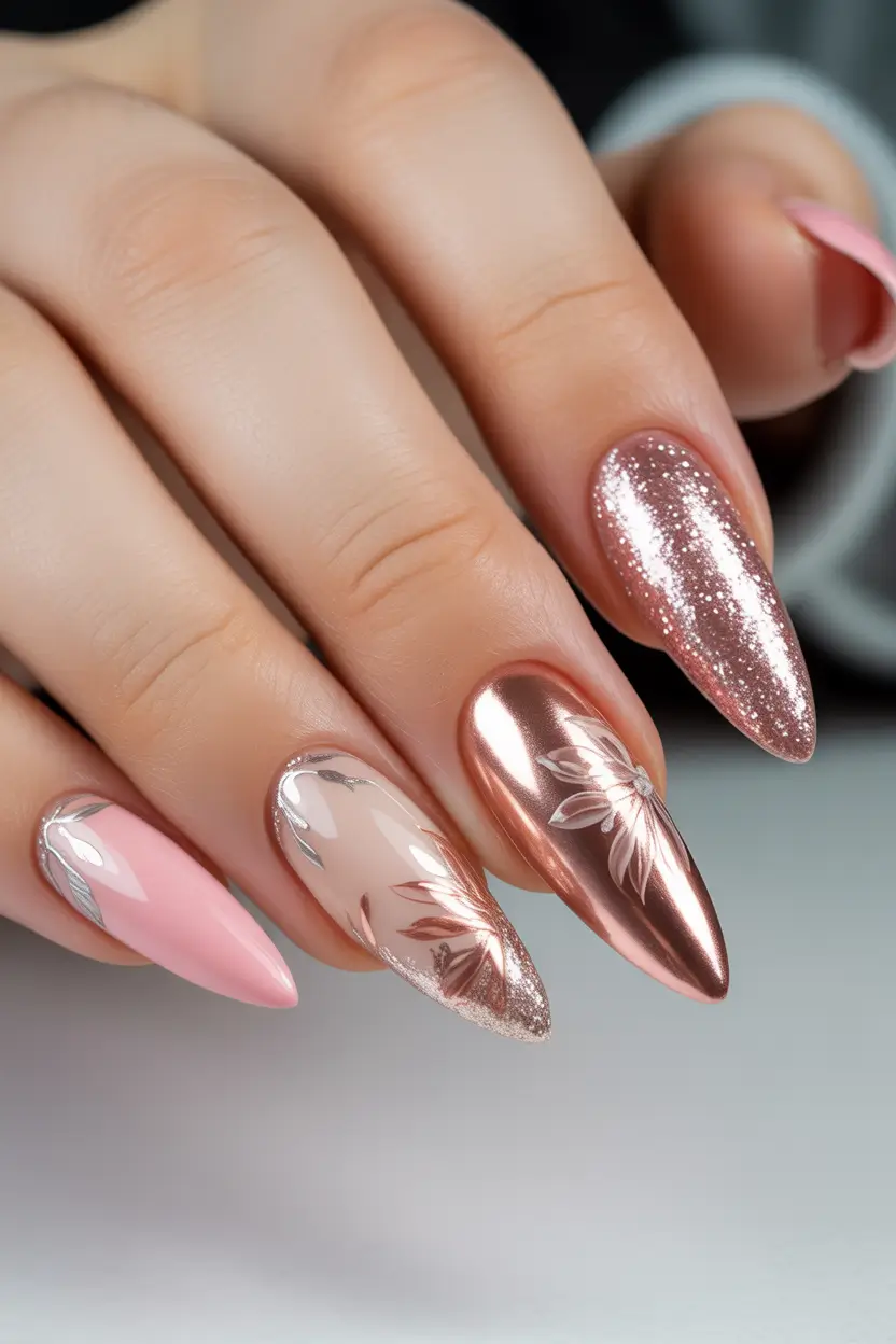 spring break nails Rose Gold Chrome And Blush Almond Elegance