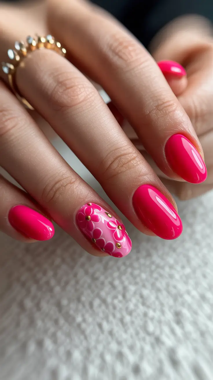 spring break nails Hot Pink Floral Accent Nails With Glossy Finish