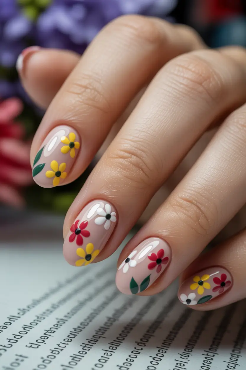 spring break nails Delicate Multicolor Floral Short Nails