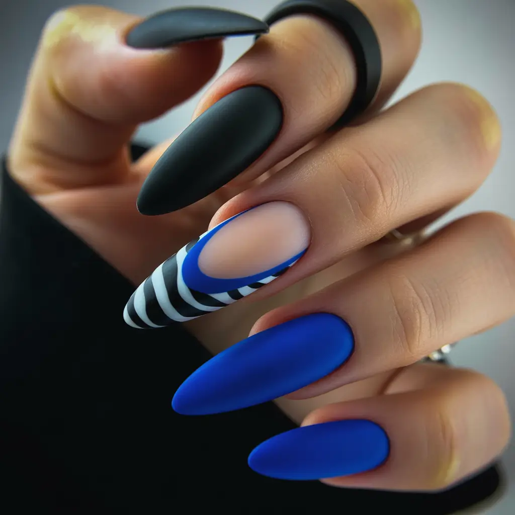 spring break nails Matte Black And Electric Blue Graphic Almond Nails