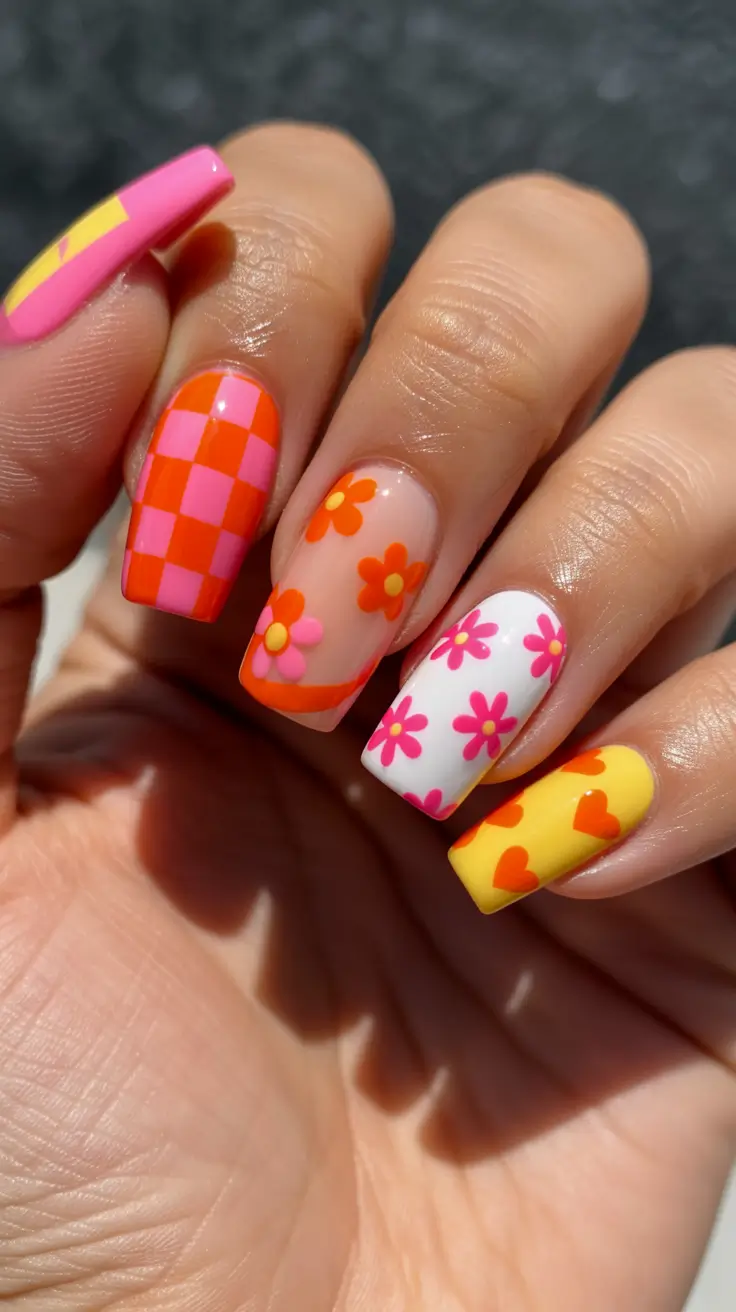 spring break nails Retro Checker And Daisy Mix For Playful Spring Break Vibes
