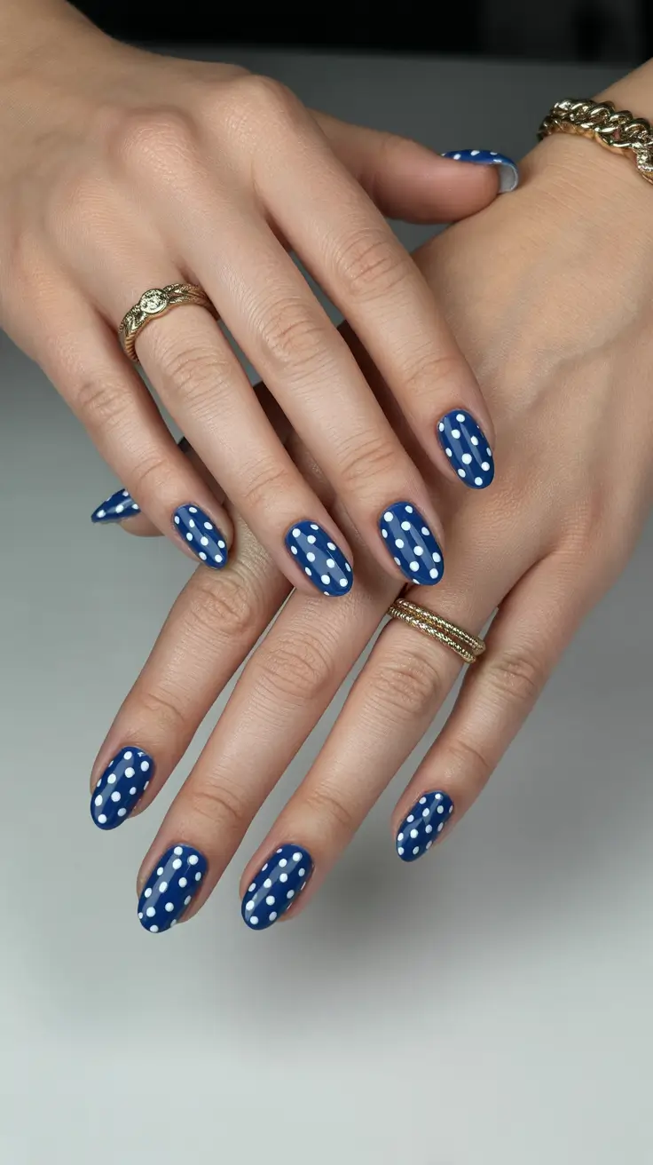 spring break nails Classic Blue Polka Dot Nails With Retro Coastal Charm