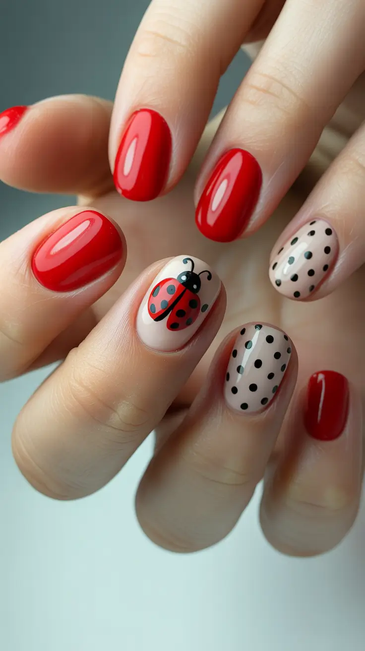 spring break nails Playful Ladybug Accent Nails for Bright Spring Storytelling