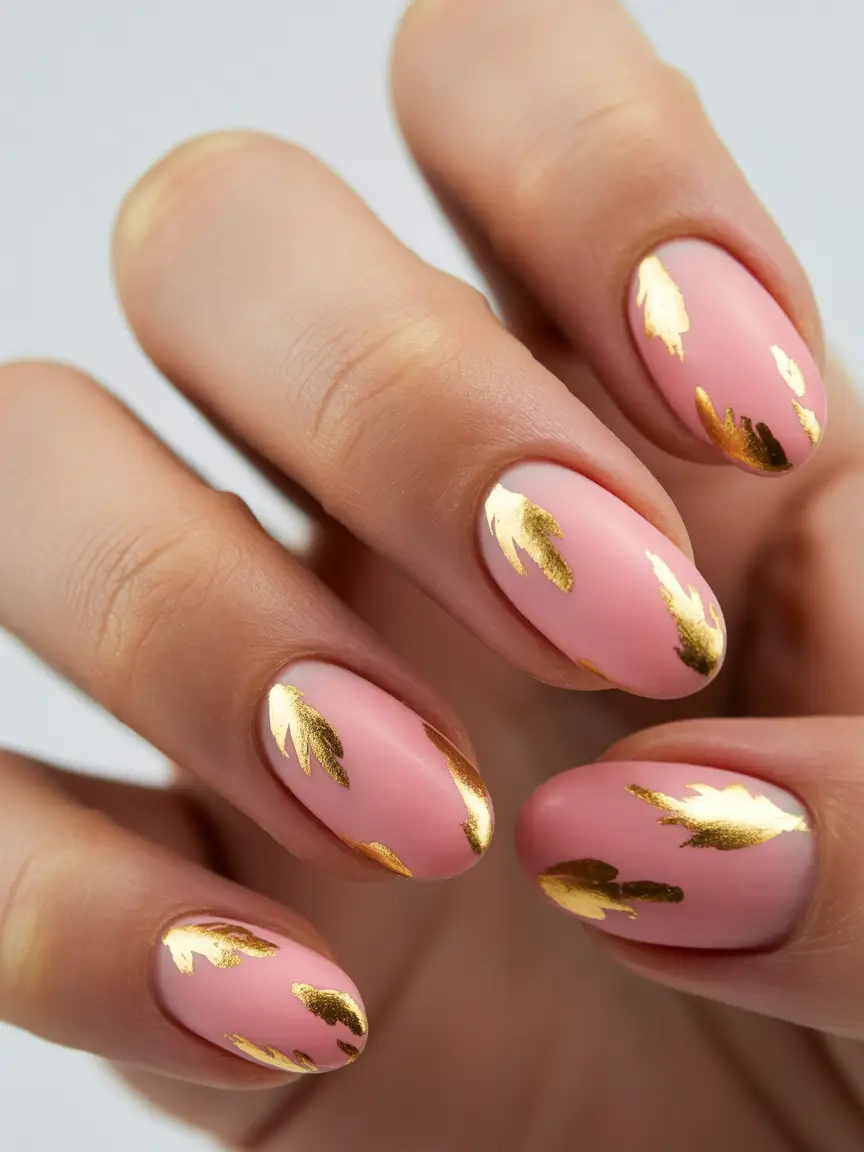spring nails simple Soft Pink Nails with Gold Leaf Accents for Elevated Simplicity