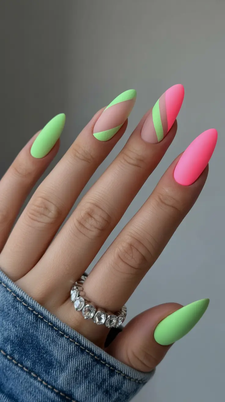 spring nails simple Graphic Pink and Green Color Blocking for Bold Spring Energy