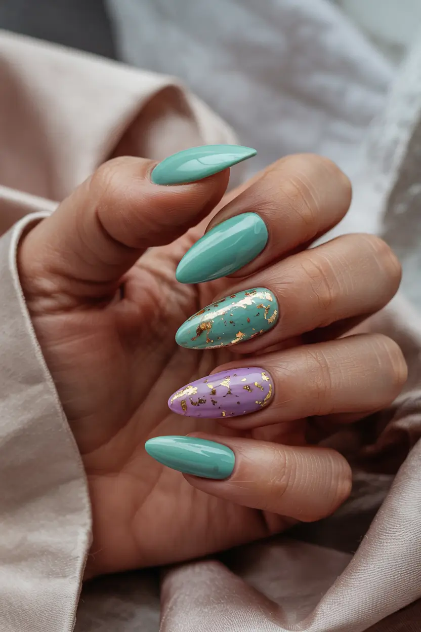 spring nails simple Mint and Lavender Pastel Glam with Gold Accents