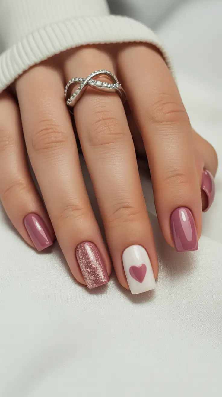 spring nails simple Romantic Rose Tones with Playful Heart Accents
