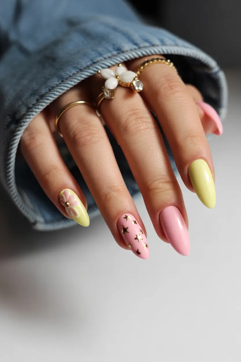 spring nails simple Soft Yellow and Pink Florals Full of Spring Optimism