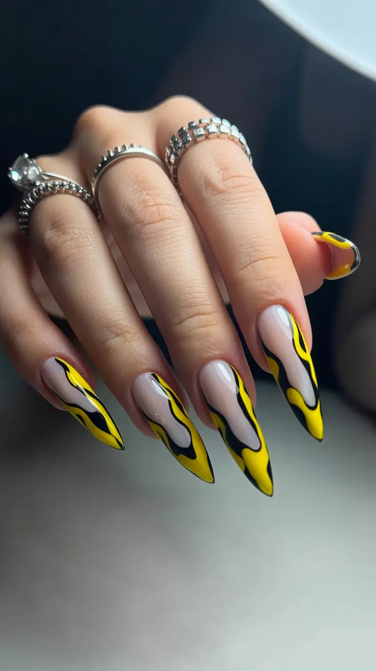 spring stiletto nails Yellow Flame Lines for High-Energy Spring Style