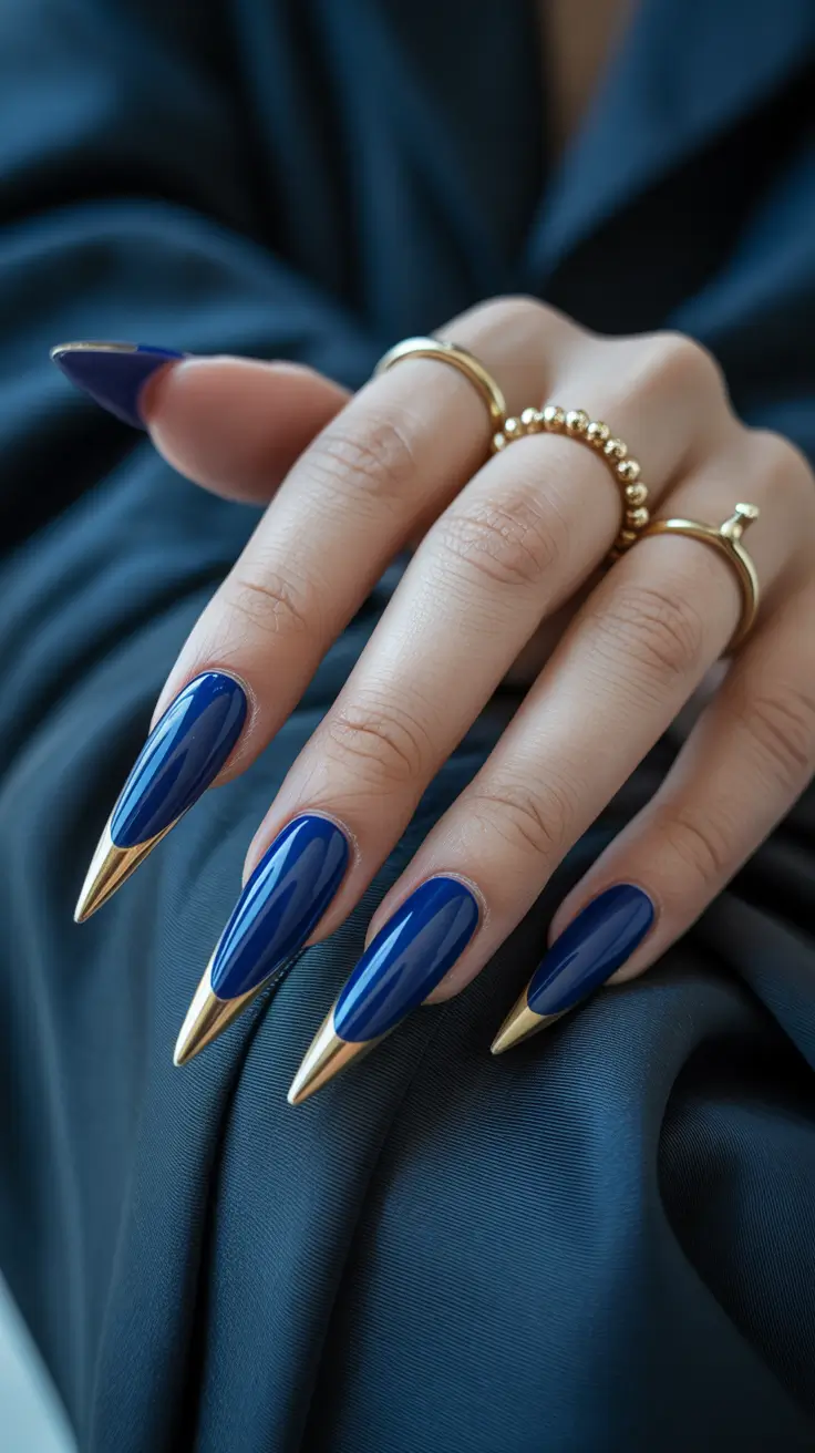 spring stiletto nails Deep Sapphire Drama with Modern Chrome Accents