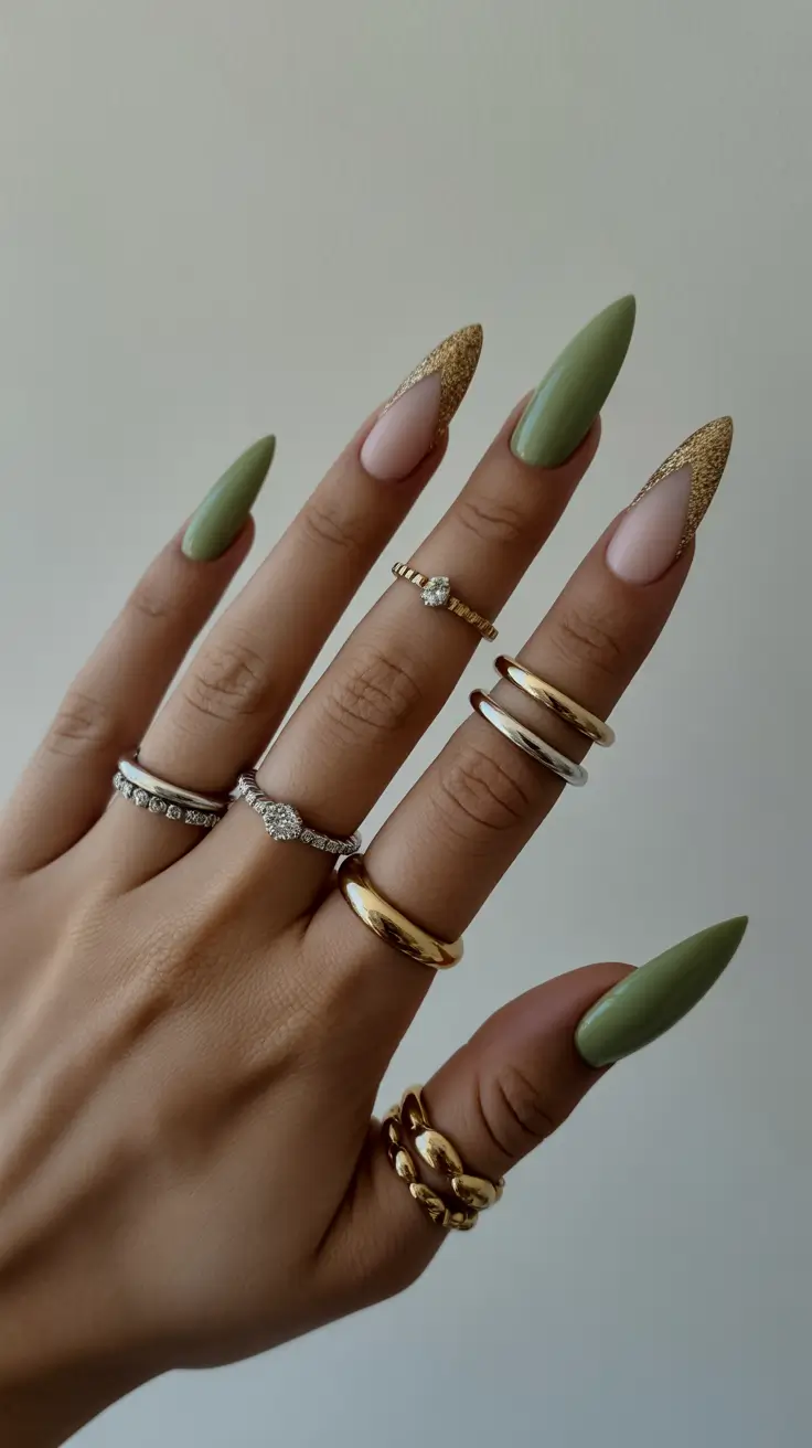 spring stiletto nails Soft Sage and Gold French for Elevated Minimalism