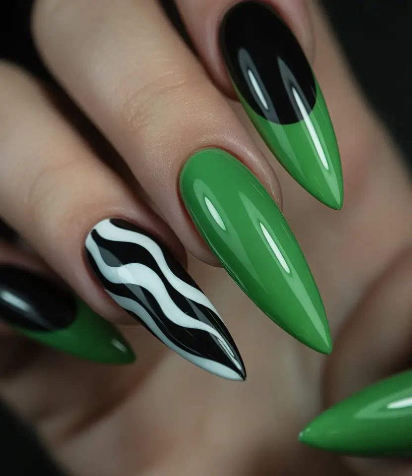 spring stiletto nails Modern Green Contrast Nails with Graphic Wave Energy