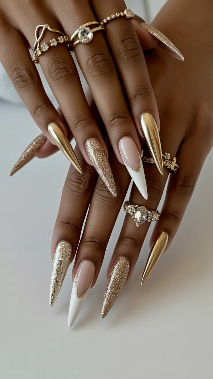 spring stiletto nails Color Blocked French Tips with Modern Chrome Accent