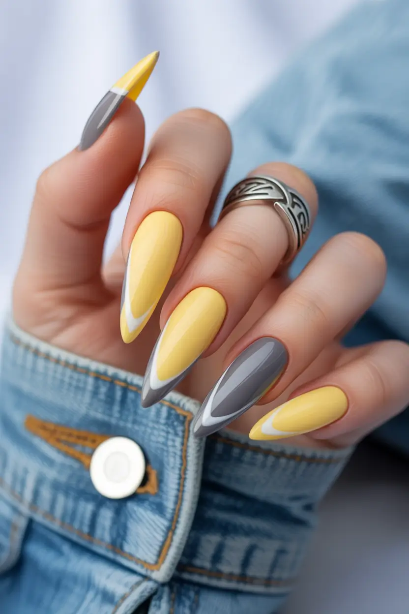 spring stiletto nails Playful Yellow and Gray Graphic Spring Energy