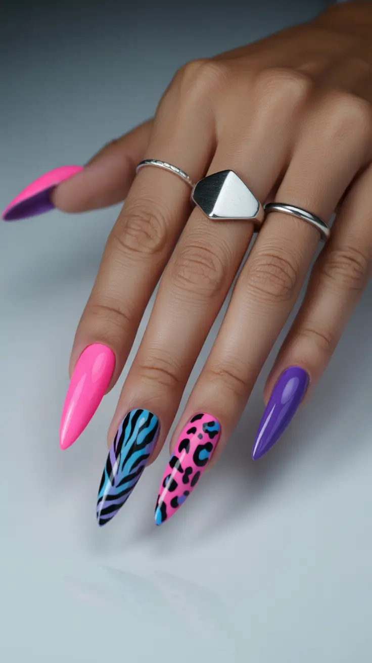 spring stiletto nails Bold Neon Personality with Graphic Animal Art