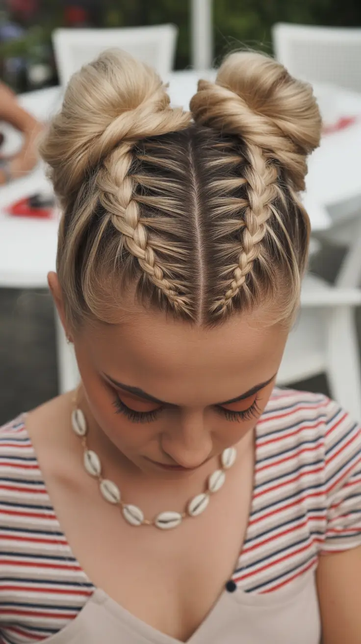 spring braids hairstyle Playful Double Buns with Intricate Feed In Braids