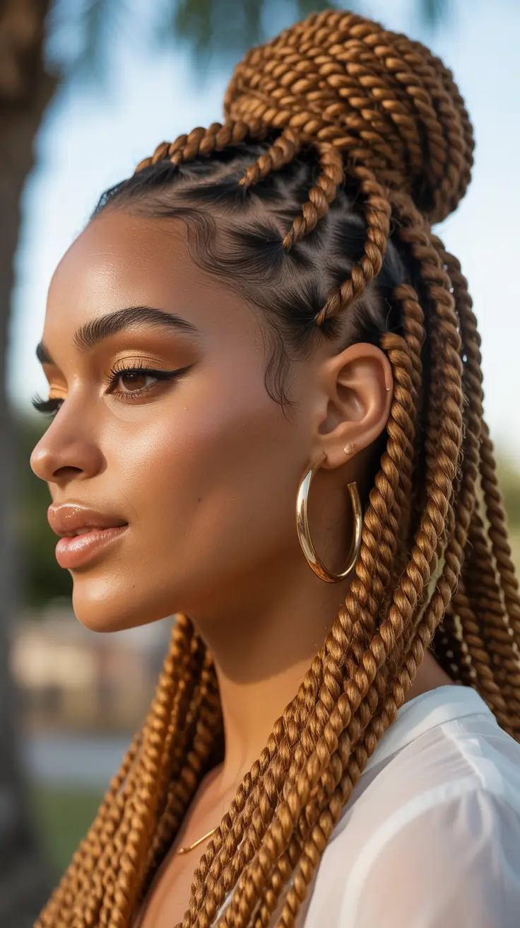 spring braids hairstyle Golden Boho Knotless Braids in a Crowned Bun