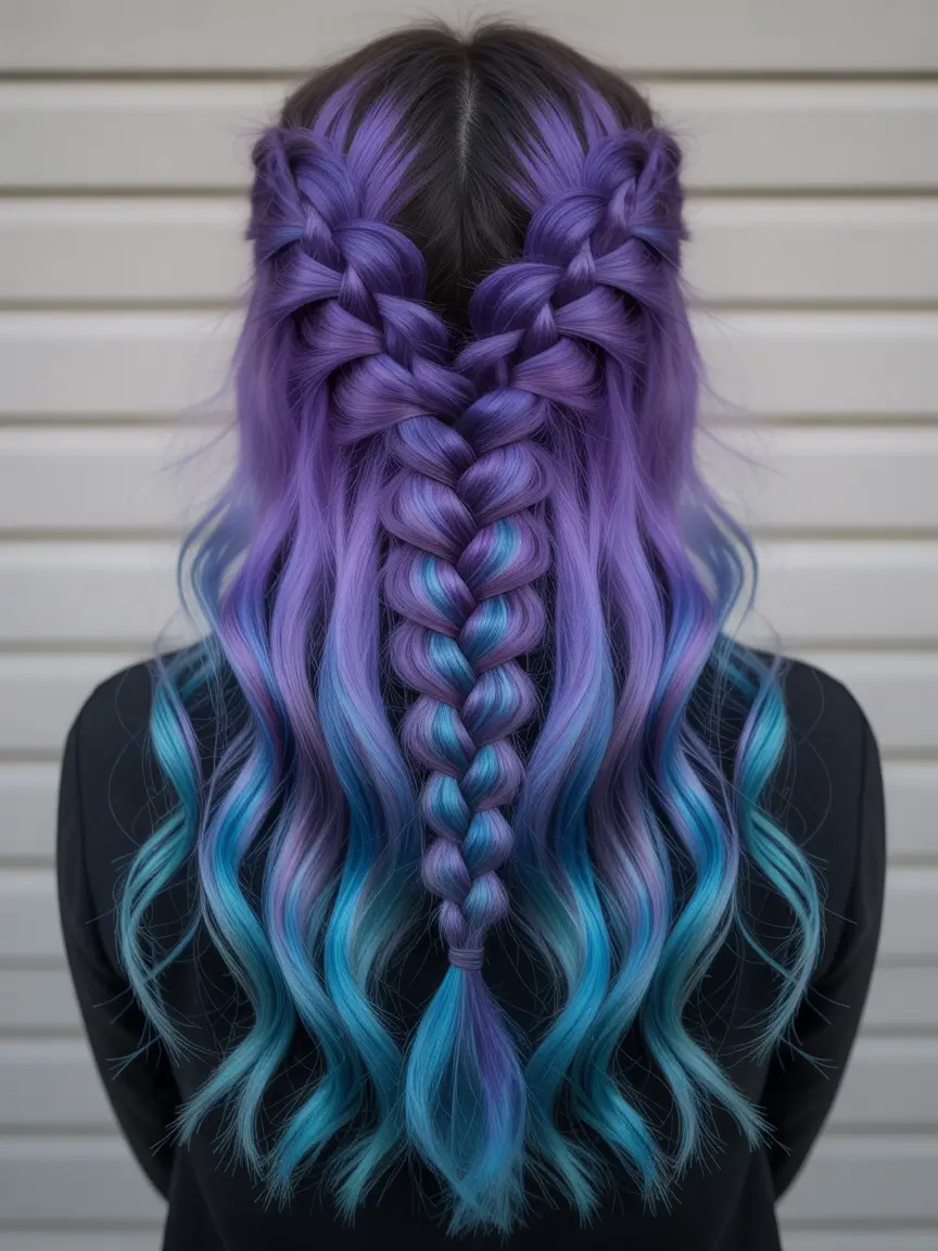 spring braids hairstyle Fantasy Braid with Bold Purple and Ocean Blue Ends