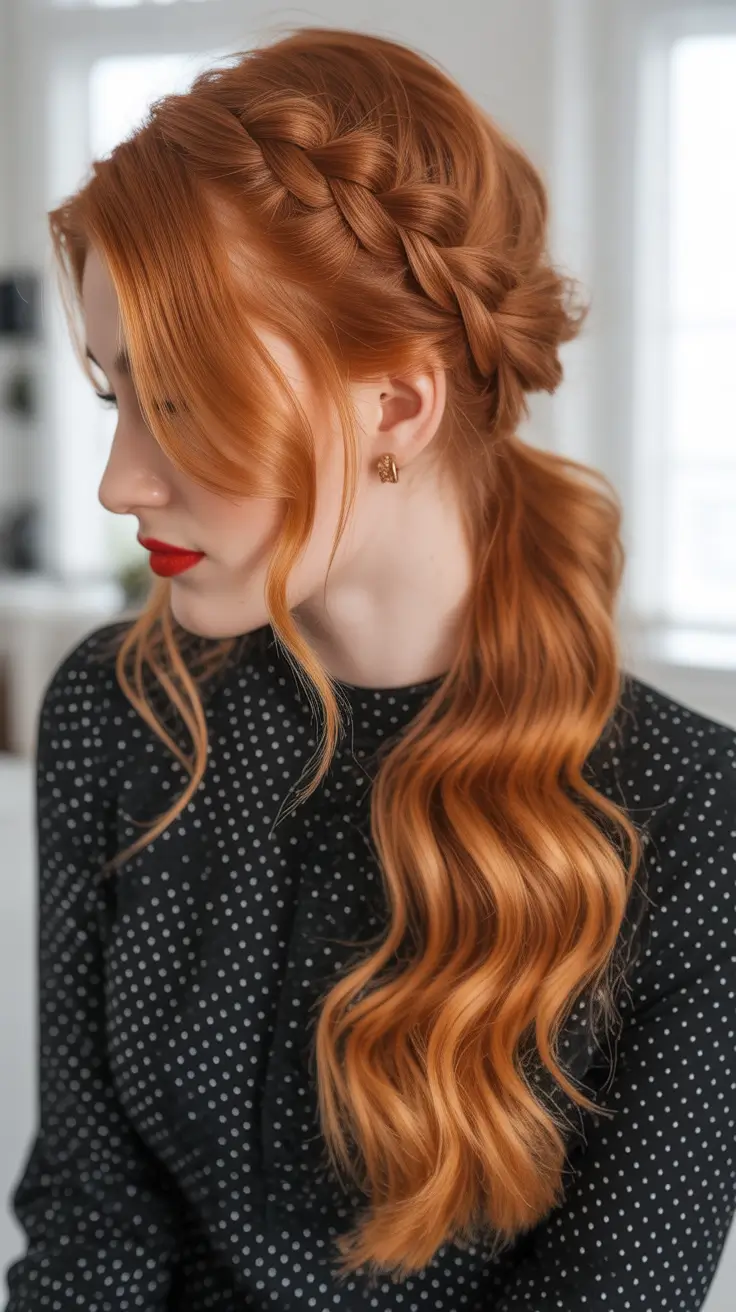 spring braids hairstyle Soft Romantic Side Braid with Copper Waves