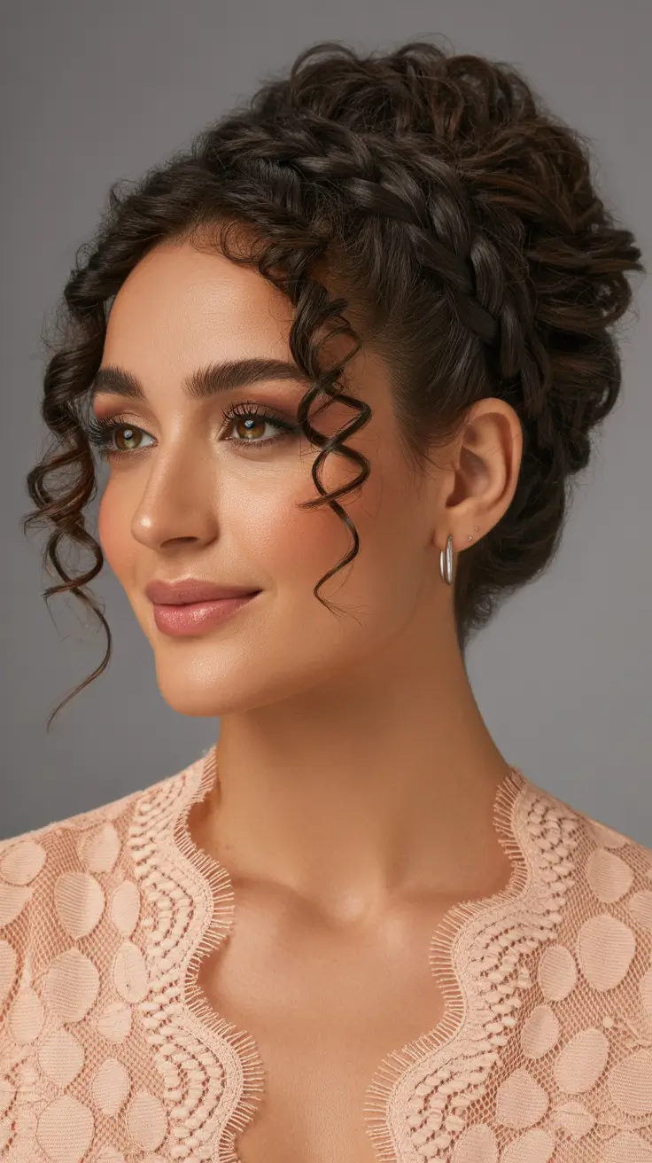 spring braids hairstyle Textured Crown Braid with Soft Curly Tendrils