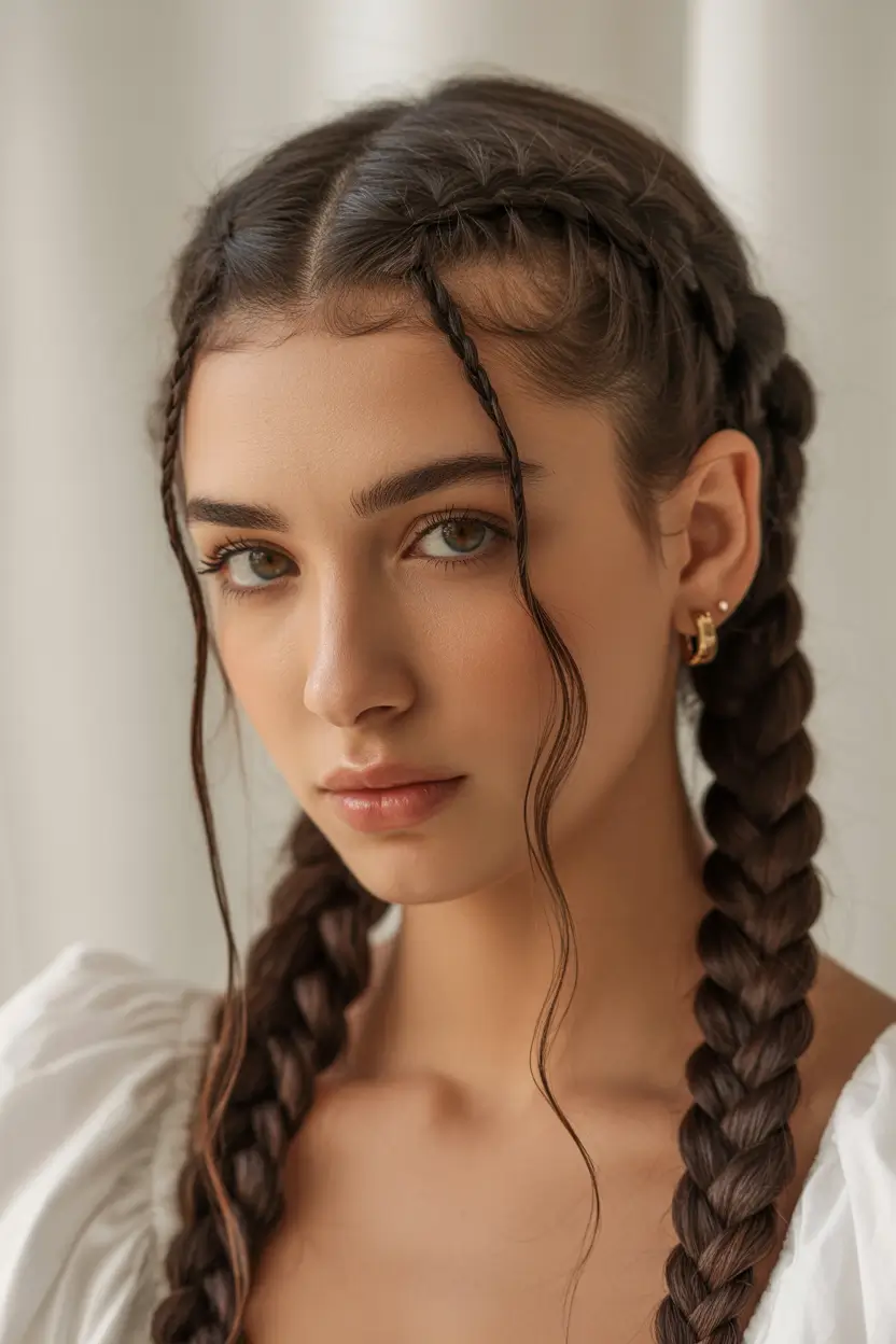 spring braids hairstyle Classic Double Braids with Face Framing Pieces